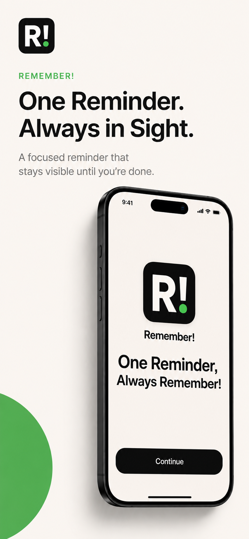 Remember! onboarding screen with the One Reminder. Always in Sight. message